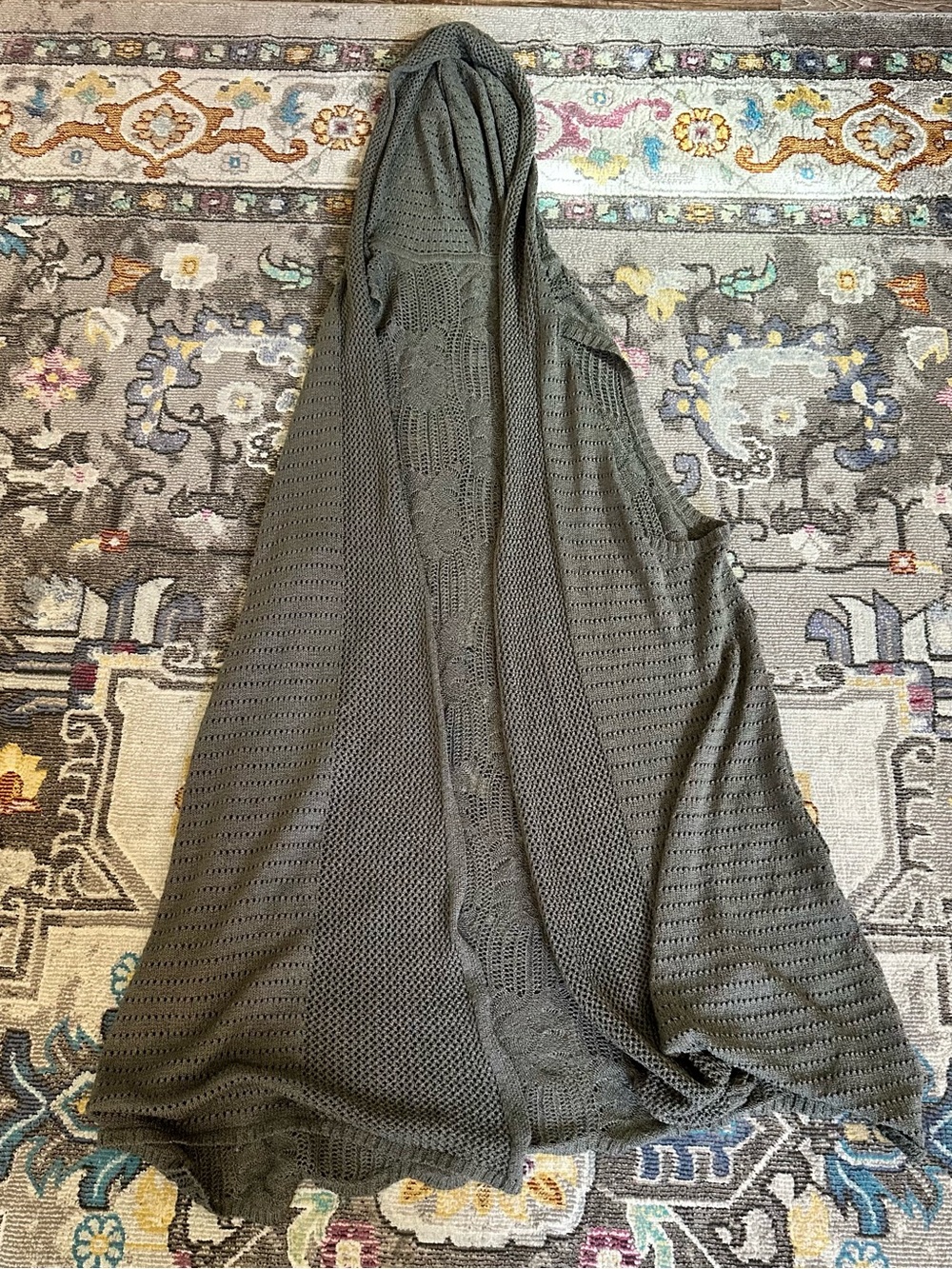 Boho Open Knit Hooded Duster Vest Olive Gray Plus Size 2XL